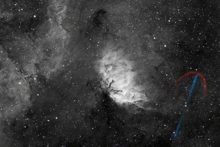 Cygnus X-1 near the Tulip Nebula in hydrogen-alpha light